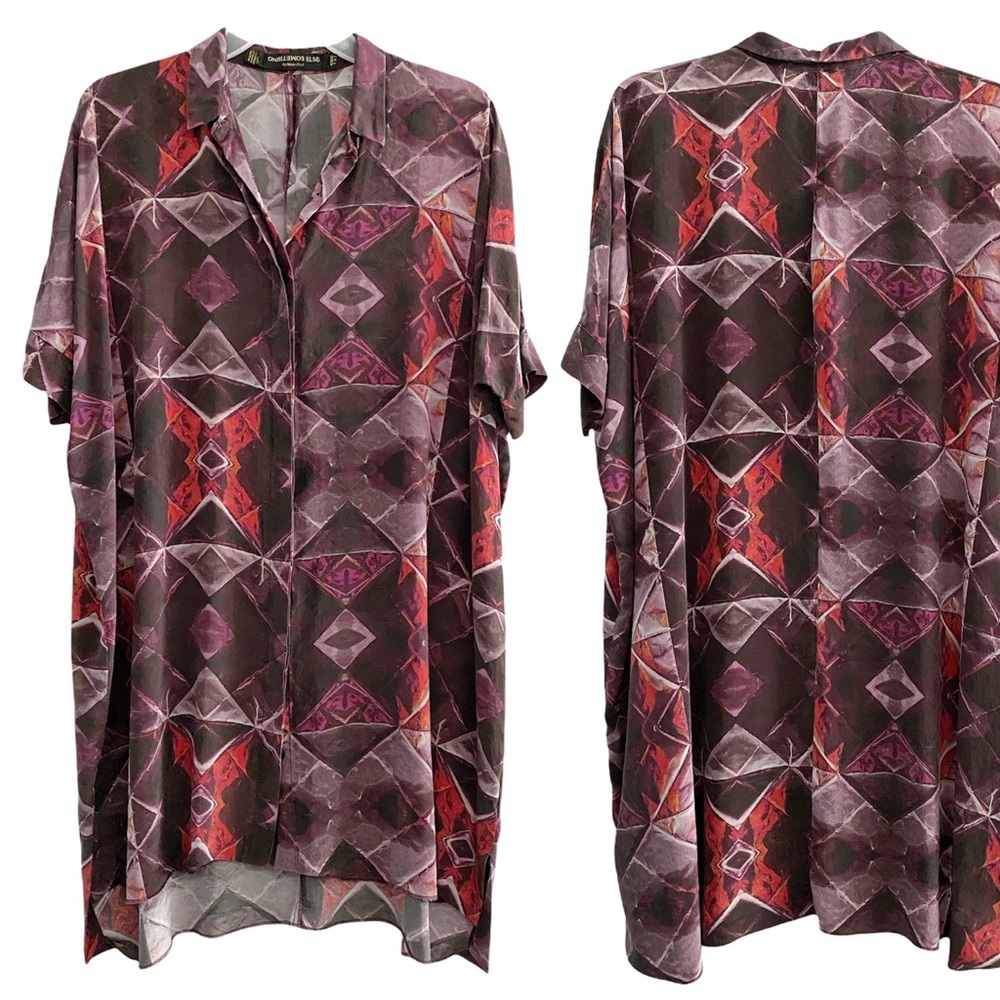 Something Else by Natalie Wood 100% silk geometric shirt dress, deep purple